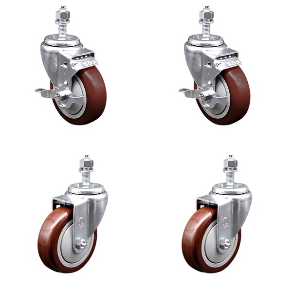 Service Caster 4 Inch SS Maroon Polyurethane Swivel 1/2 Inch Threaded Stem Caster Brake SCC, 2PK SSTS20S414-PPUB-MRN-TLB-121315-2-S-2 - main